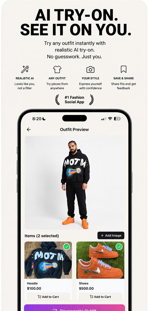 AI try-on: two secondhand items rendered onto a person as one outfit